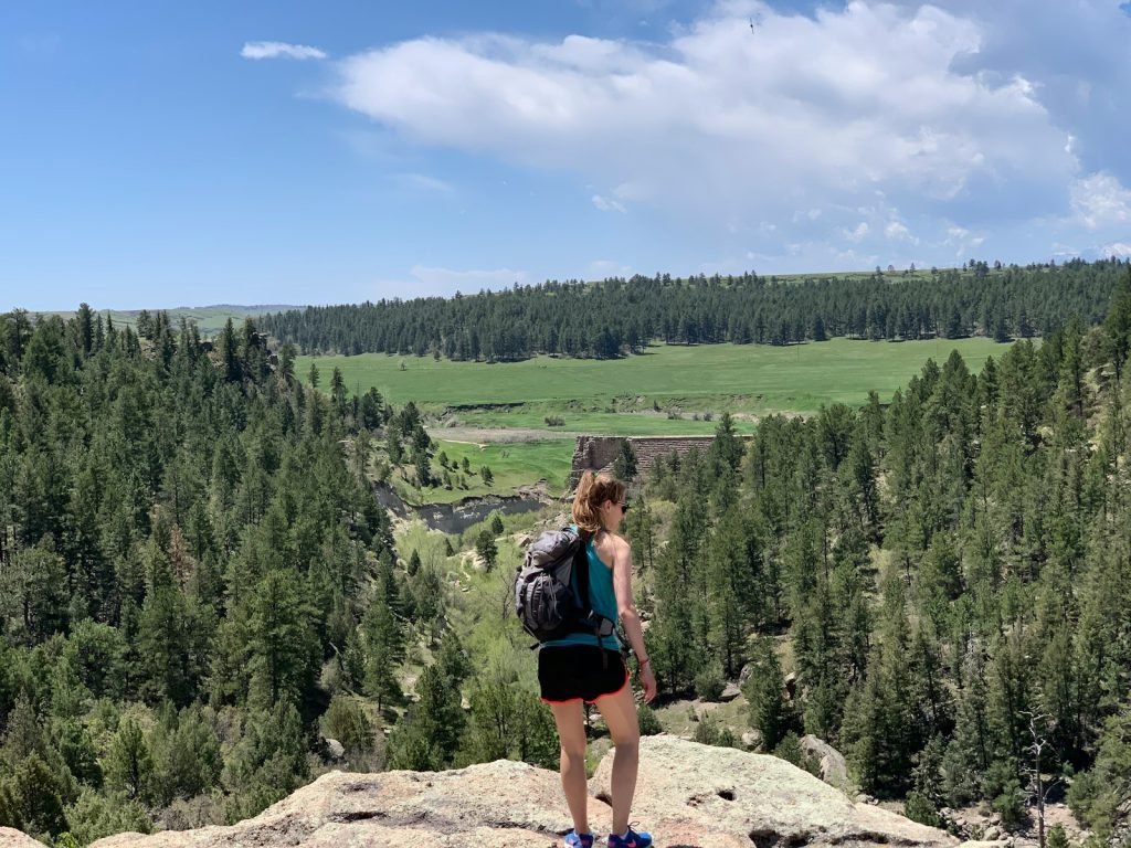 woman in blue tank top standing on rock near green trees during daytime
